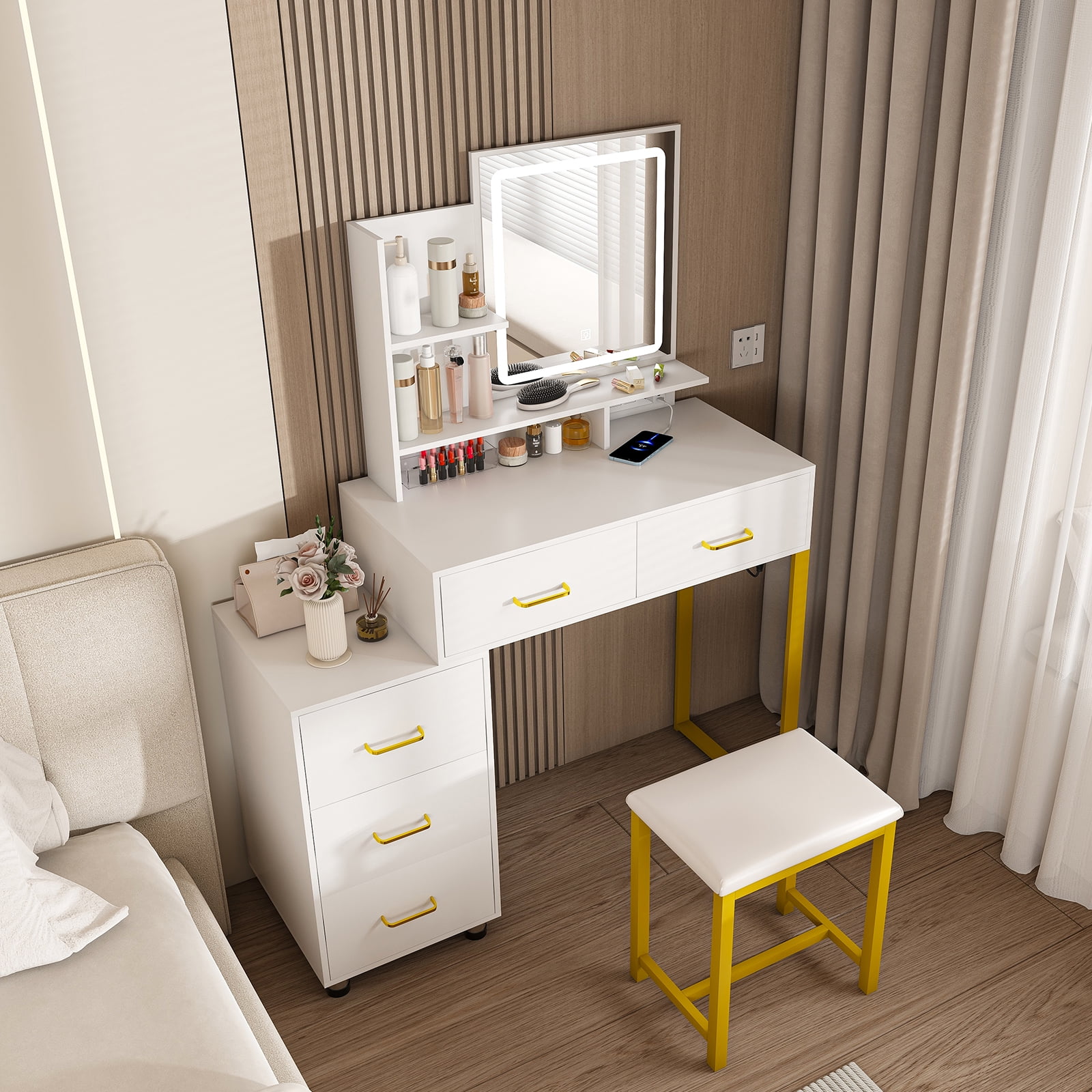 Montary White LED Vanity w/ Power Outlet & 3 Lights: 5-Drawer Makeup Desk w/ Sturdy Metal Legs & Stool