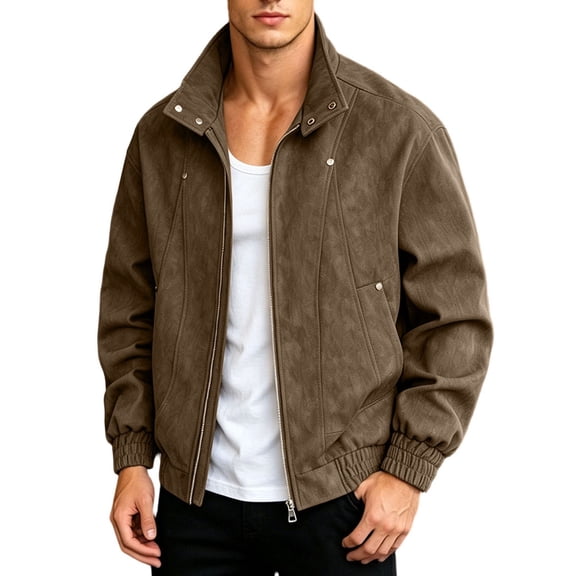 Men's Bomber Jacket Vintage Matte Textured Elastic Cuffs Zip Up Jacket Casual Loose Stand Collar Outer Coat With Pockets Fashion Commute Bomber Jacket