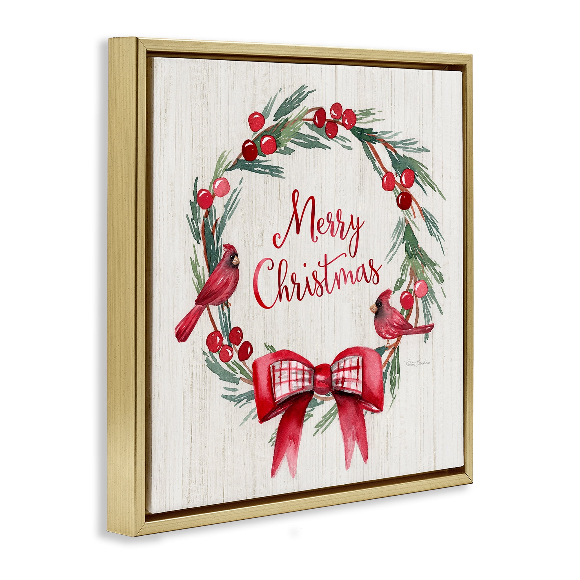 Stupell Industries Merry Christmas Holly Wreath Holiday Painting Gold Floater Framed Canvas Art Prints Wall Art, 18 x 18