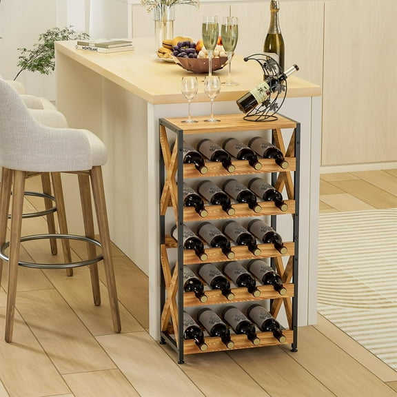 20 Bottle Wine Rack Freestanding Floor With Wood TopWobbleFree 5 Tier Wine Display Storage Stand Shelf Stackable Modular Wine Bottle Holder Rack For Kitchen Cellar Living Room