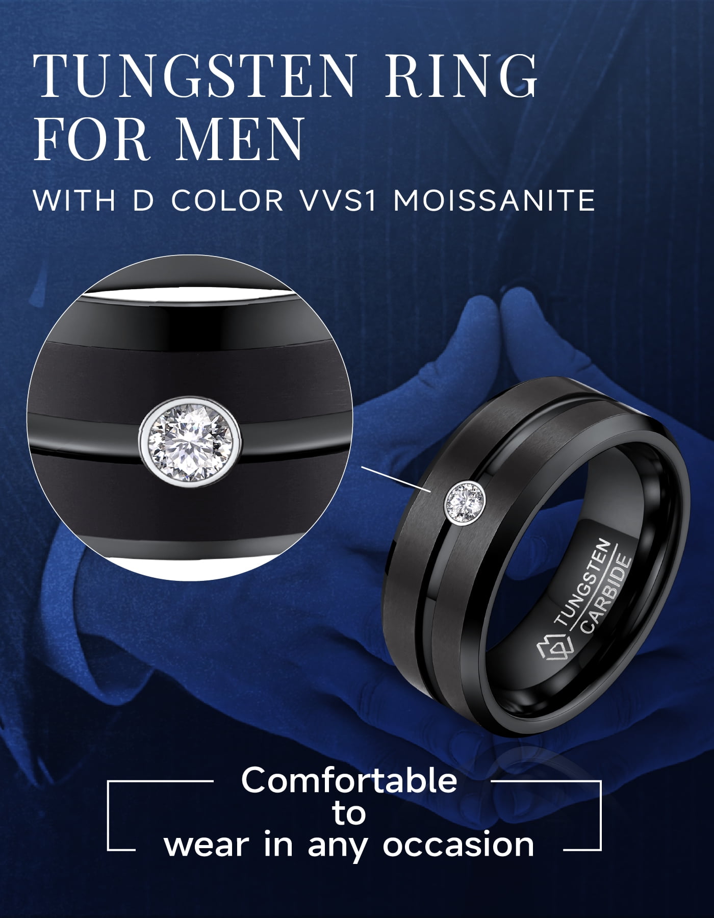 MomentWish Tungsten Ring for Men, Moissanite Wedding Band for Men, 8MM Tungsten Band Black Promise Ring-Size6