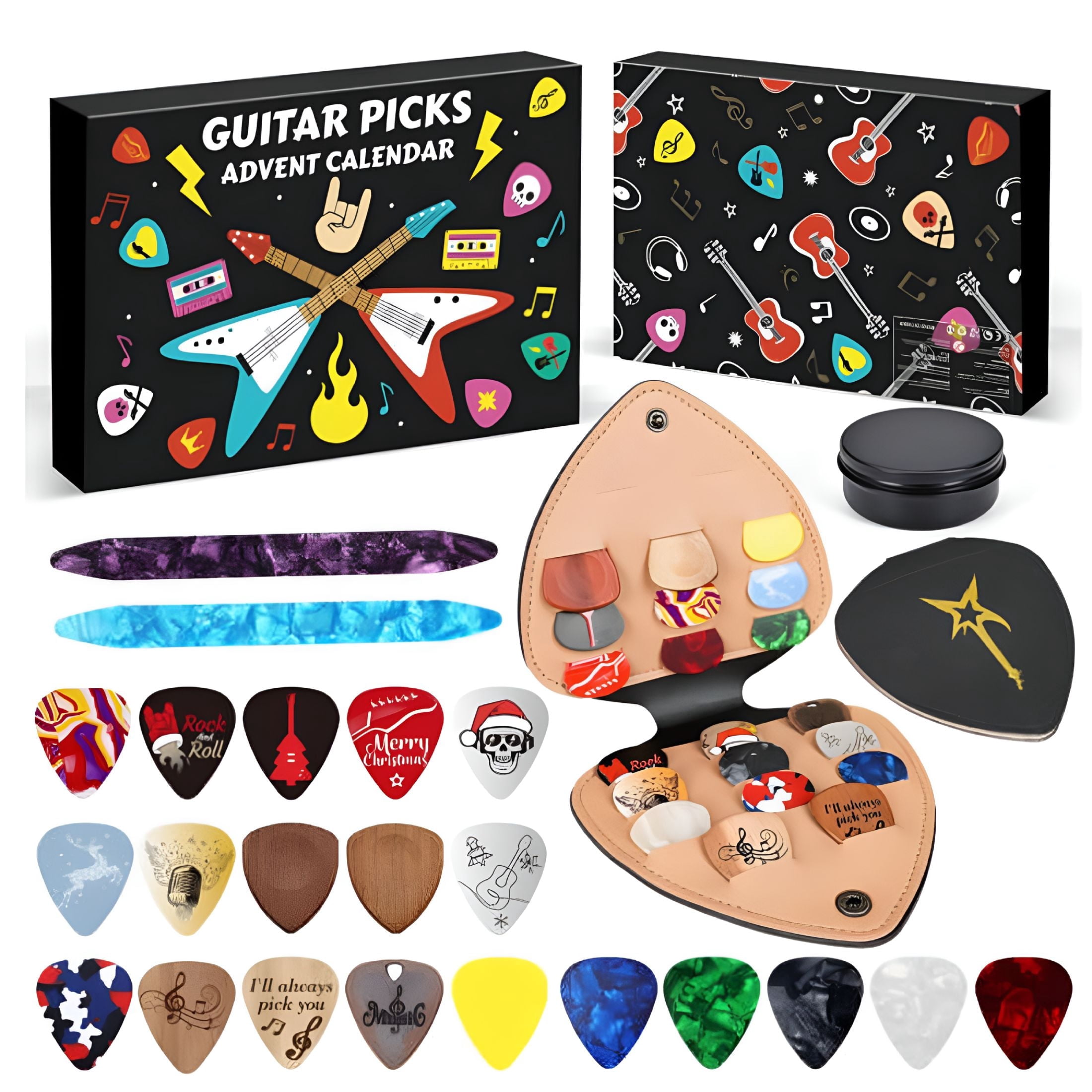 BESTSKY 2026 New Guitar Player Advent Calendarwith 22 Picks and Pick Holder,Christmas Countdown Calendar for Music Lovers,Bass Ukulele Themed Christmas Advent Calendar Gift