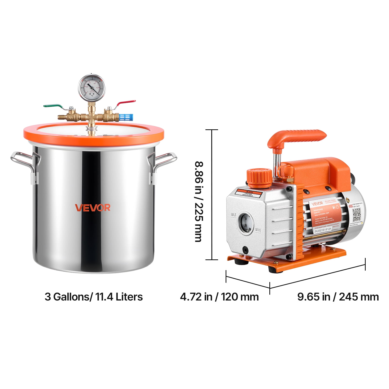 VEVOR 3 Gallon Vacuum Chamber with Pump, 3.5 CFM, Single Stage Vacuum Pump, Stainless Steel Degassing Chamber Kit with Tempered Glass Lid, 5 ft Hose, for Stabilizing Wood Degassing Silicone Resin