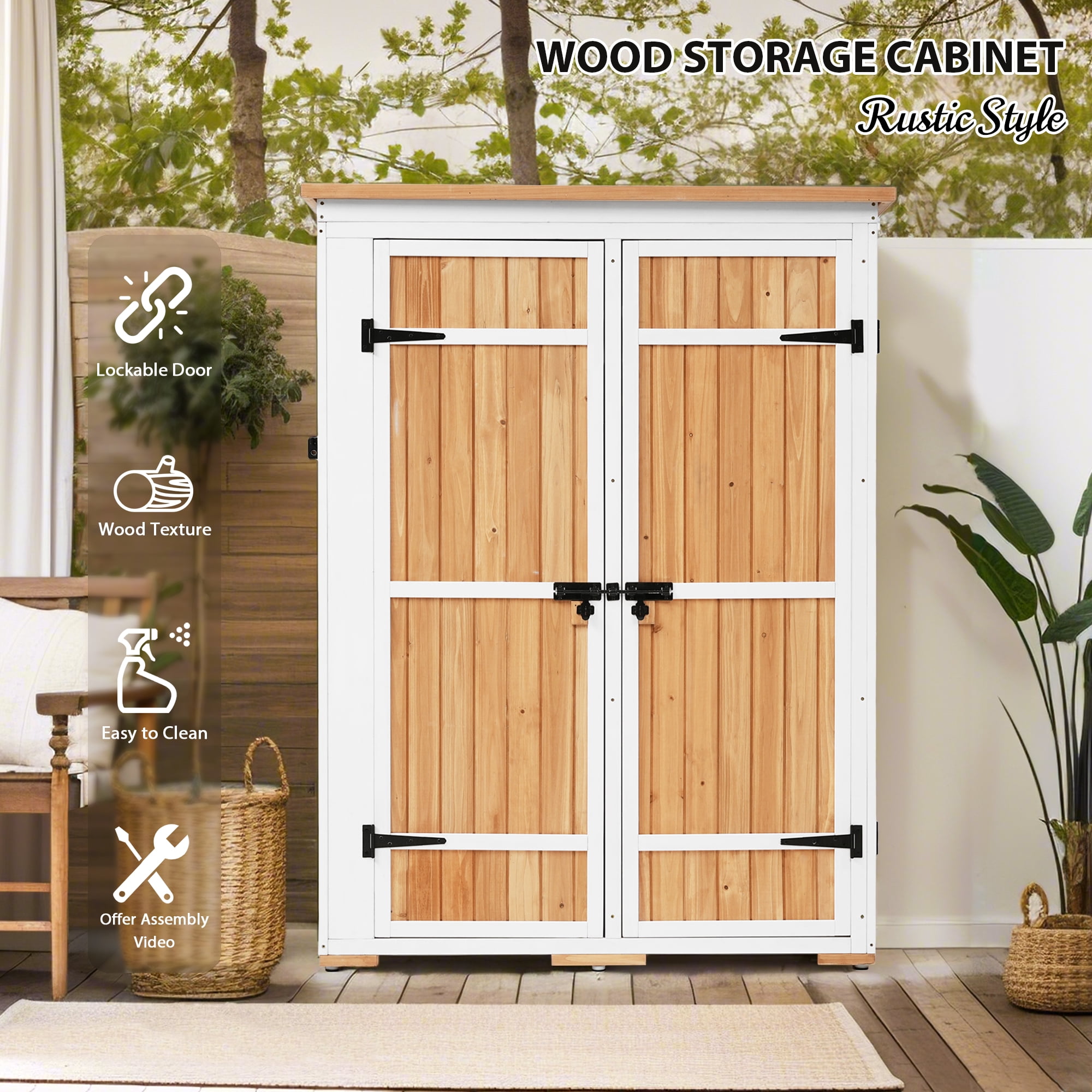 MAYEERTY Outdoor 5.5ft Wood Storage Shed with Lockable Doors, Multi-Shelf Garden Tool Cabinet with Waterproof Roof