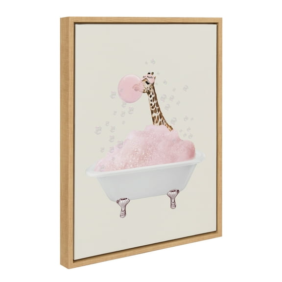 Kate and Laurel Sylvie Giraffe Taking a Bath Framed Canvas Wall Art by July Art Prints, 18x24 Natural, Zoo Animal Bath Wall Decor