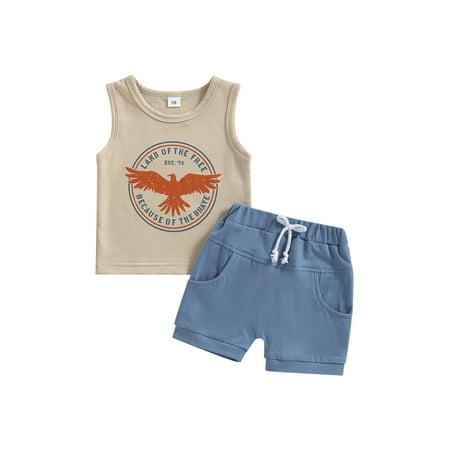 

Independence Day Baby Boys Summer Clothes Sets Sleeveless Letter Print Vest Solid Drawstring Shorts Outfits Khaki 18-24 Months