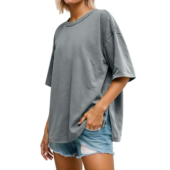 Krdevn Women's Casual Loose Fit Patch Back Design Short Sleeve Round Neck T Shirt Comfortable Pure Color Blouse Top for Daily Wear,Women's Tops, Tees & Blouses,Size:S