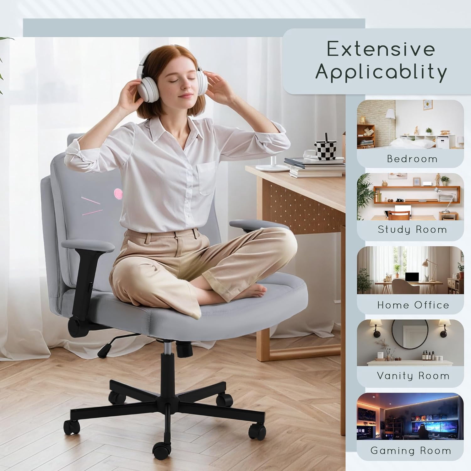Vicluke Criss Cross Chair with Wheels, Oversized Office Chair Featuring Extra-Wide Seat & Adjustable Backrest for Home Office, Cute & Comfortable Chair for Dressing, Gaming, Reading(Gray)