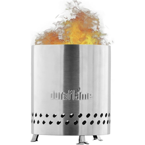 Duraflame 5.5 inch Table Top Fire Pit with Built-in Stand & Removable Grate, Low Smoke, Portable Mini Fire for Outdoor Use, Wood or Pellets, Double Walled Stainless Steel, with Travel Bag Included.
