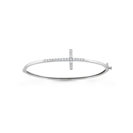 Cubic Zirconia Sterling Silver Sideways Cross Bangle