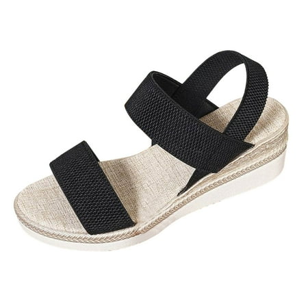 

Sandals Women Comfortable Slope High Heel Sandals Solid Color Elastic Strap Lightweight Sandals