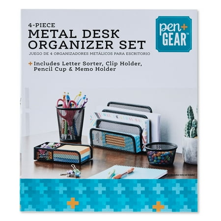 Pen+Gear Metal Desk Organizer Set, Black, 4 Pieces