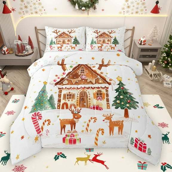 Manfei Cartoon Gingerbread House Bedding Comforter Set,Cute Christmas Reindeer Twin Comforter Sets,Cute Chic Xmas Tree Bedding Set For Kids Gitl,Ultra Soft Home Decor Reversible,2pcs