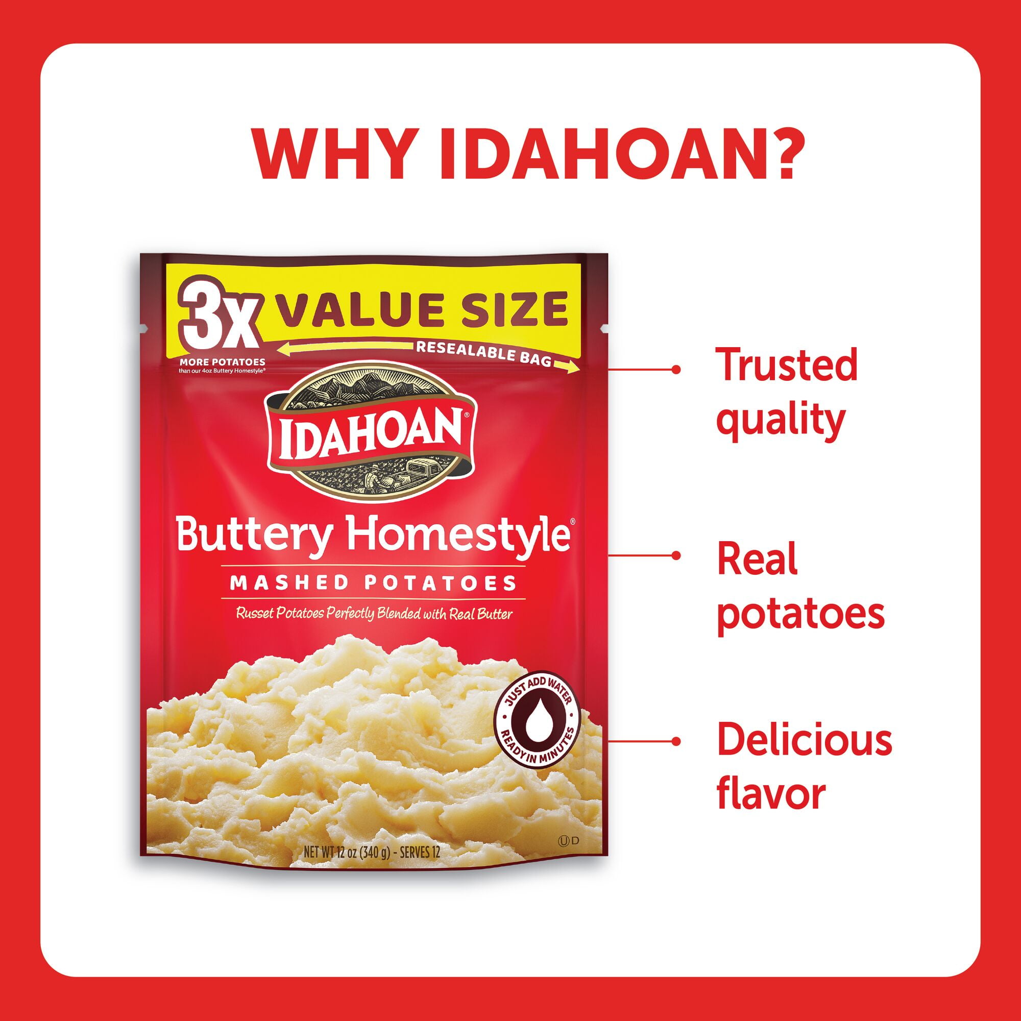 (8 pack) Idahoan Buttery Homestyle® Mashed Potatoes Value Size, 12 oz Resealable Pouch