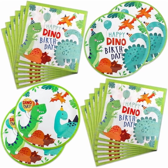 40 Piece Watercolor Dinosaur Birthday Party Tableware Set with Plates and Napkins
