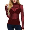 thumbnail image 3 of Womens Long Sleeve Tops Crew Neck Sexy See Through Tee Shirts Party Club Night Lace Blouse Red 3XL, 3 of 6