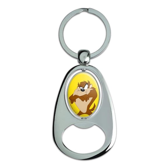 Looney Tunes Taz Keychain Chrome Metal Spinning Oval Bottle Opener