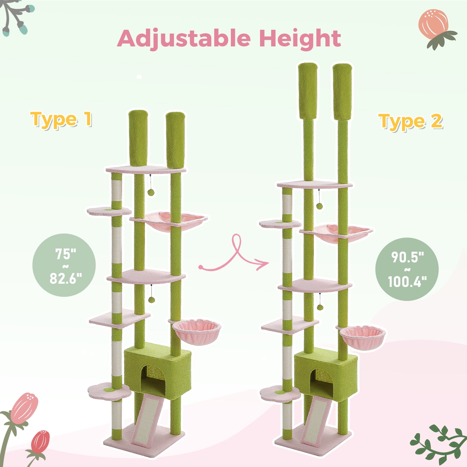 Pefilos Floor to Ceiling Cat Tree Tower Ajustable Height (90.5''~100.4'') 6 Tiers Cactus Cat Tree House with Cat Condo Hammock and Sisal Covered Post for Indoor Cats, Light Green