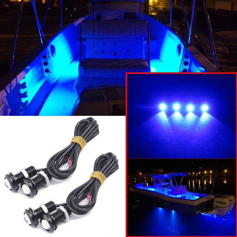 4*Blue LED Boat Light Silver Waterproof Outrigger Spreader Transom Underwater