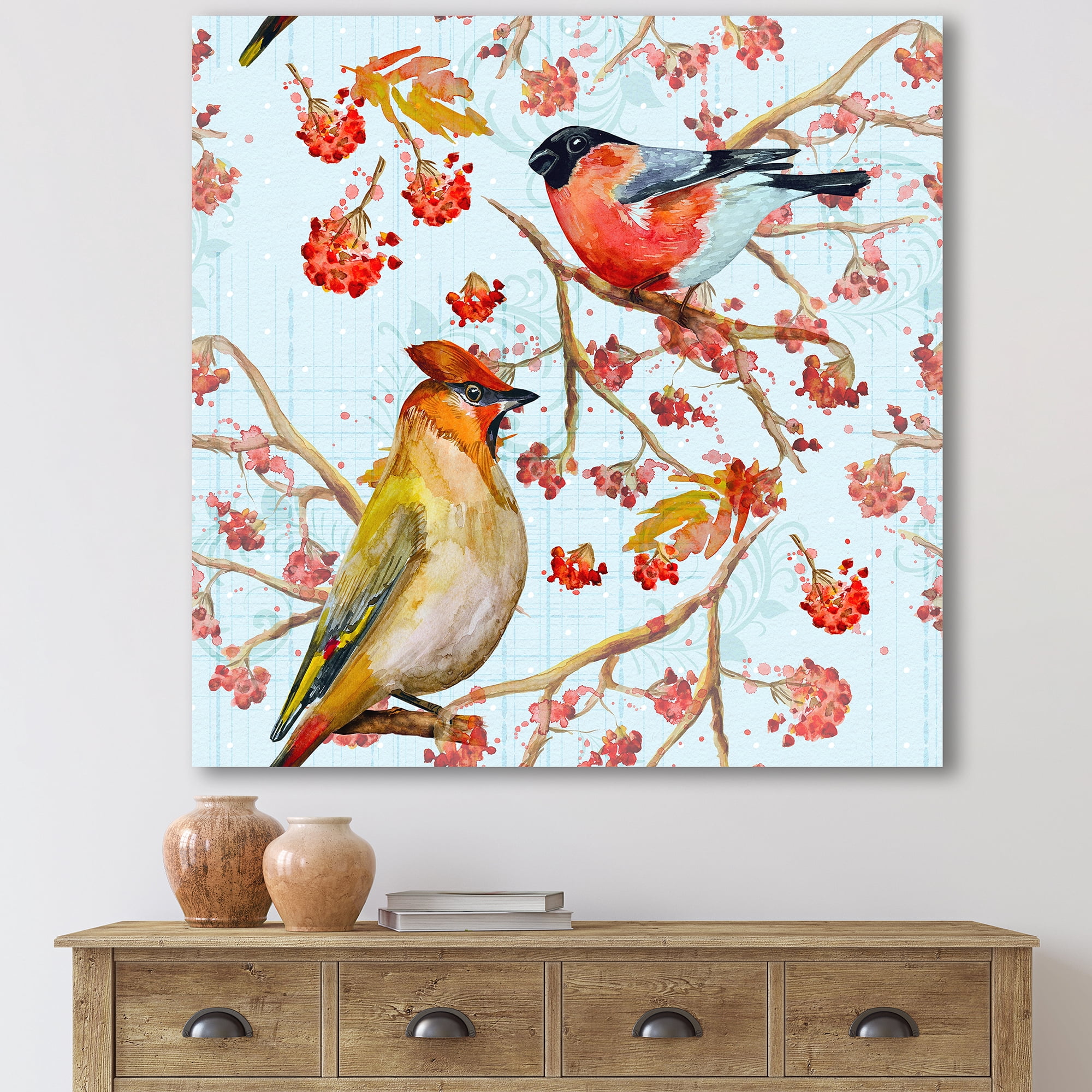 Two Birds Sitting On Branches During Autumn 16 in x 16 in Painting Canvas Art Print, by Designart