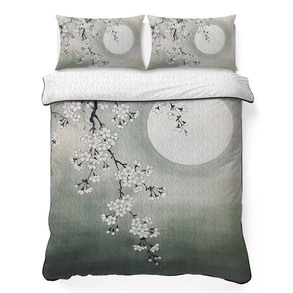 Quilts Twin XL Size Bedding Set, Plum Flowers Branch Lightweight Quilted Comforter, Cherry Blossom Ombre Green Moon Night Soft Bedspread Coverlet with Pillow Covers for All Season, 68" x 98"