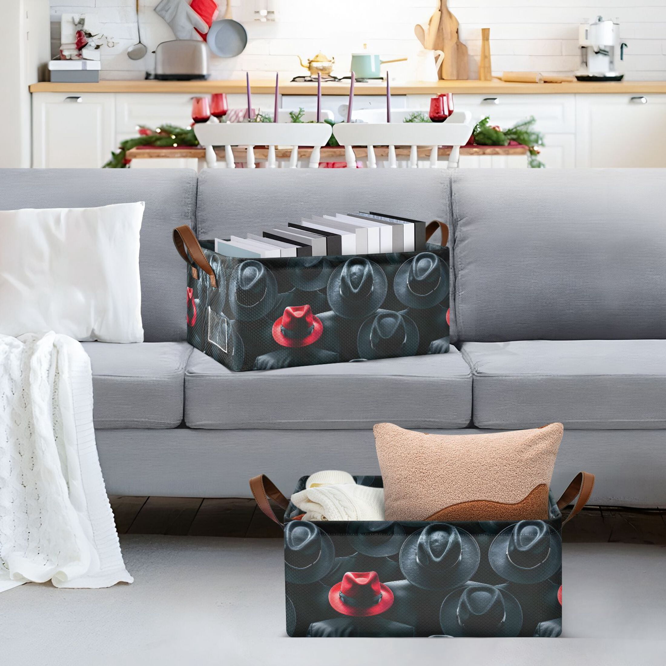 Black Red Hat 2 Pcs Collapsible Storage Bins Fabric Shelf Baskets with Handles 16.9"x11.4"x7.7" Closet Organizer