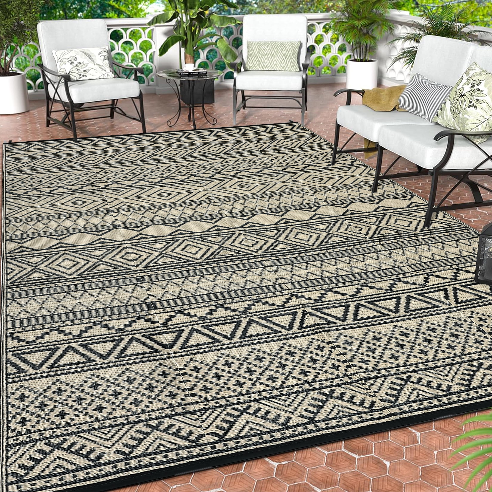 HIWEAVER 9' x 12' Black/Camel Outdoor Rug PP Plastic Straw Woven Waterproof Patio Rug with Border Portable Outside Carpet for Balcony Deck Picnic Garden Decor