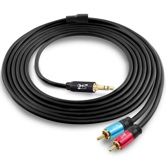 SHD 3.5mm to 2RCA Y Splitter Stereo Audio Cable Bi-Directional 2 RCA to 3.5mm Aux Male Type Dual Shielding Gold Plated Ends Metal Shell-Black 6Feet
