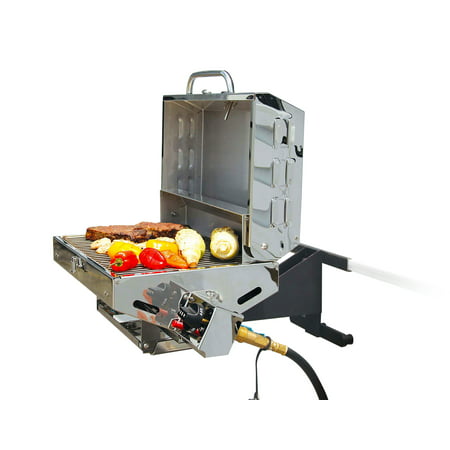 Camco Olympian 5500 Stainless Steel Portable Gas Grill Connects To Low Pressure Supply On RV, Includes RV Mounting Bracket And Folding Tabletop Legs - 180