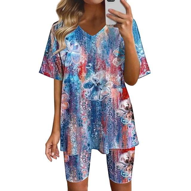 ICHUANYI Clearance Women's Summer Short Sleeve V-neck Tops Shorts Comfortable Homewear Two-piece Suit Sets(Sky Blue, M) ICHUANYI WER2023081008244