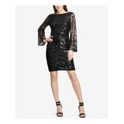DKNY Womens Sequined Bell Sleeves Sheath Dress