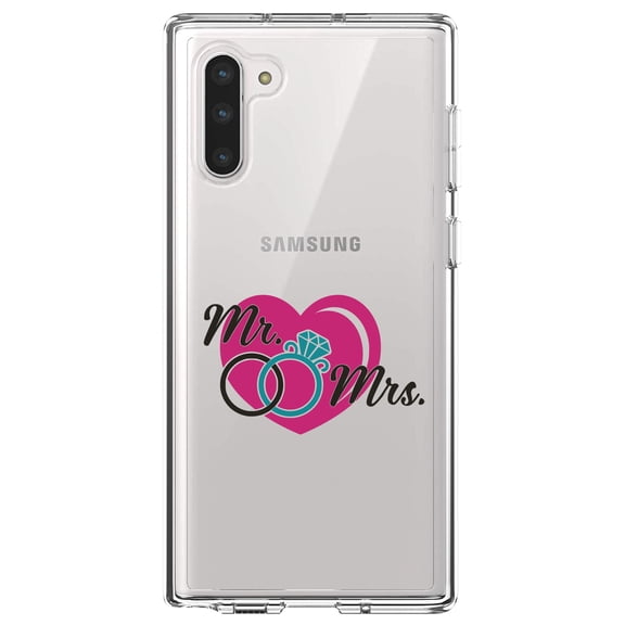 DistinctInk Clear Shockproof Hybrid Case for Samsung Galaxy Note 10 (6.3" Screen) - TPU Bumper Acrylic Back Tempered Glass Screen Protector - Mr. & Mrs. Wedding Rings Heart