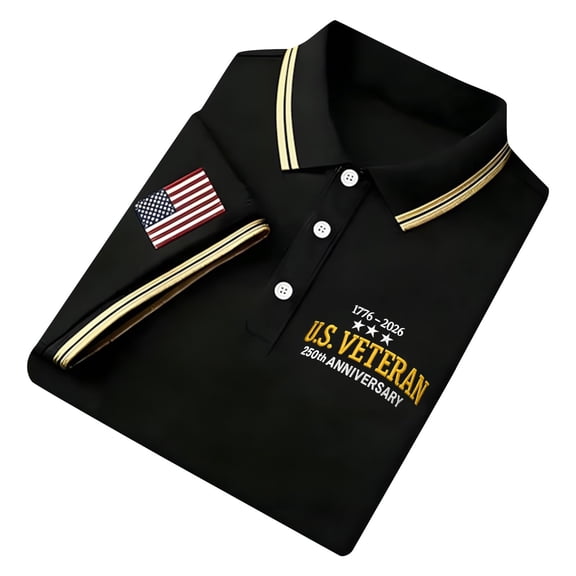 Men's U.S. Veteran 250th Anniversary Polo Shirt, Patriotic Embroidery with American Flag Patch Short Sleeve