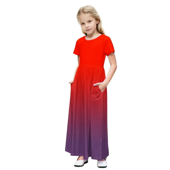 DeHolifer Girls Maxi Dress Gradient Color Crewneck Short Sleeve Lightweight Casual Holiday Dress with Pockets,4 Years