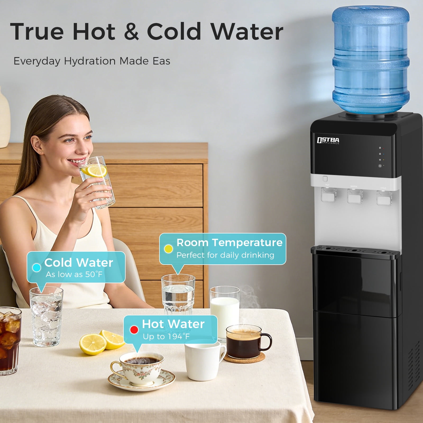 OSTBA 4-in-1 Water & Ice Dispenser, Hot, Cold & Room Temperature Water with Bullet Ice Maker, Touch Control, Child Safety Lock, Fits 3 & 5 Gallon Bottles