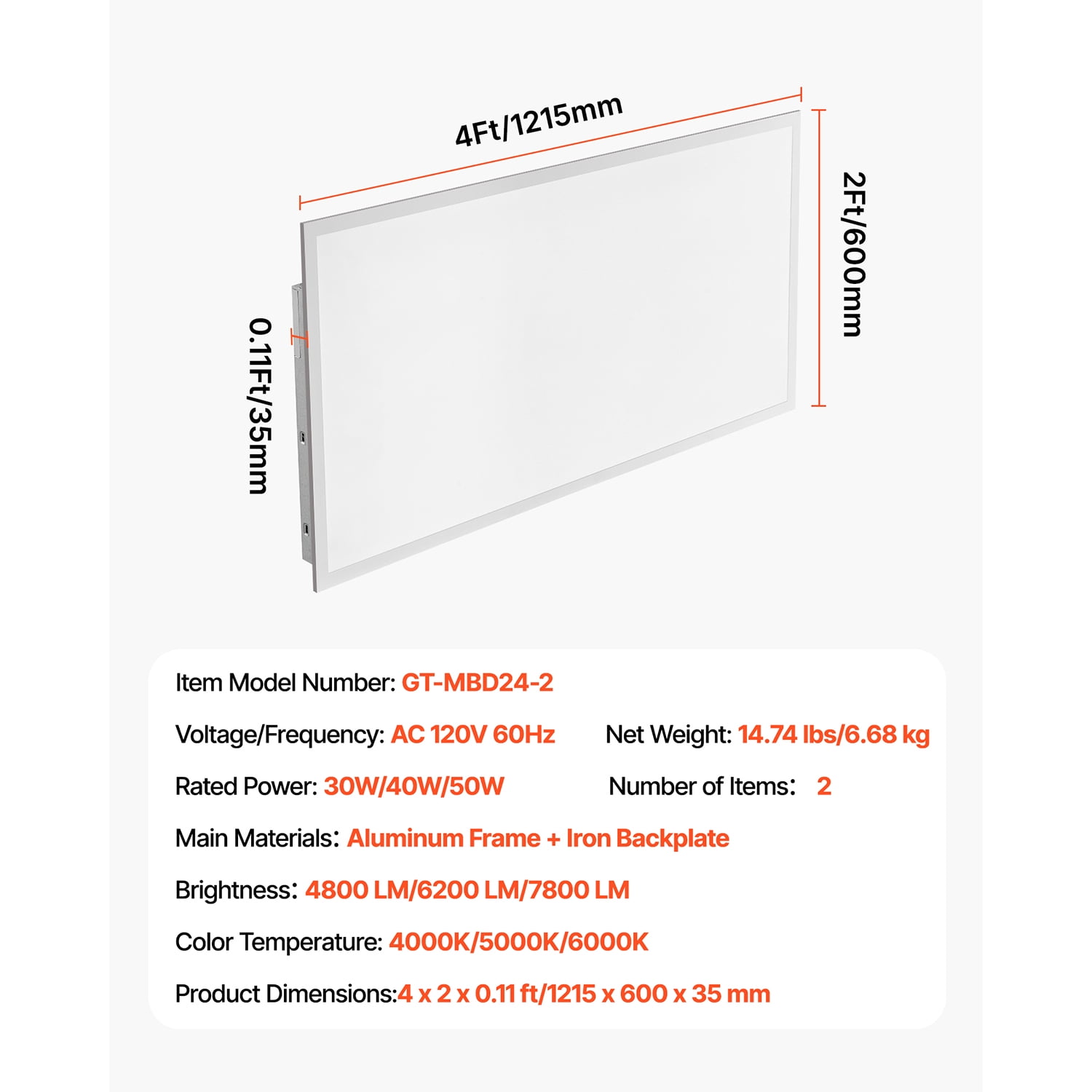KFFKFF 2x4 FT LED Flat Panel Light, 7800 LM, Flush Mount Ceiling Lighting Fixture with Adjustable Color Temperatures 4000K/5000K/6000K, 30W/40W/50W, 0-10V Dimmable, Slim Design for Residential