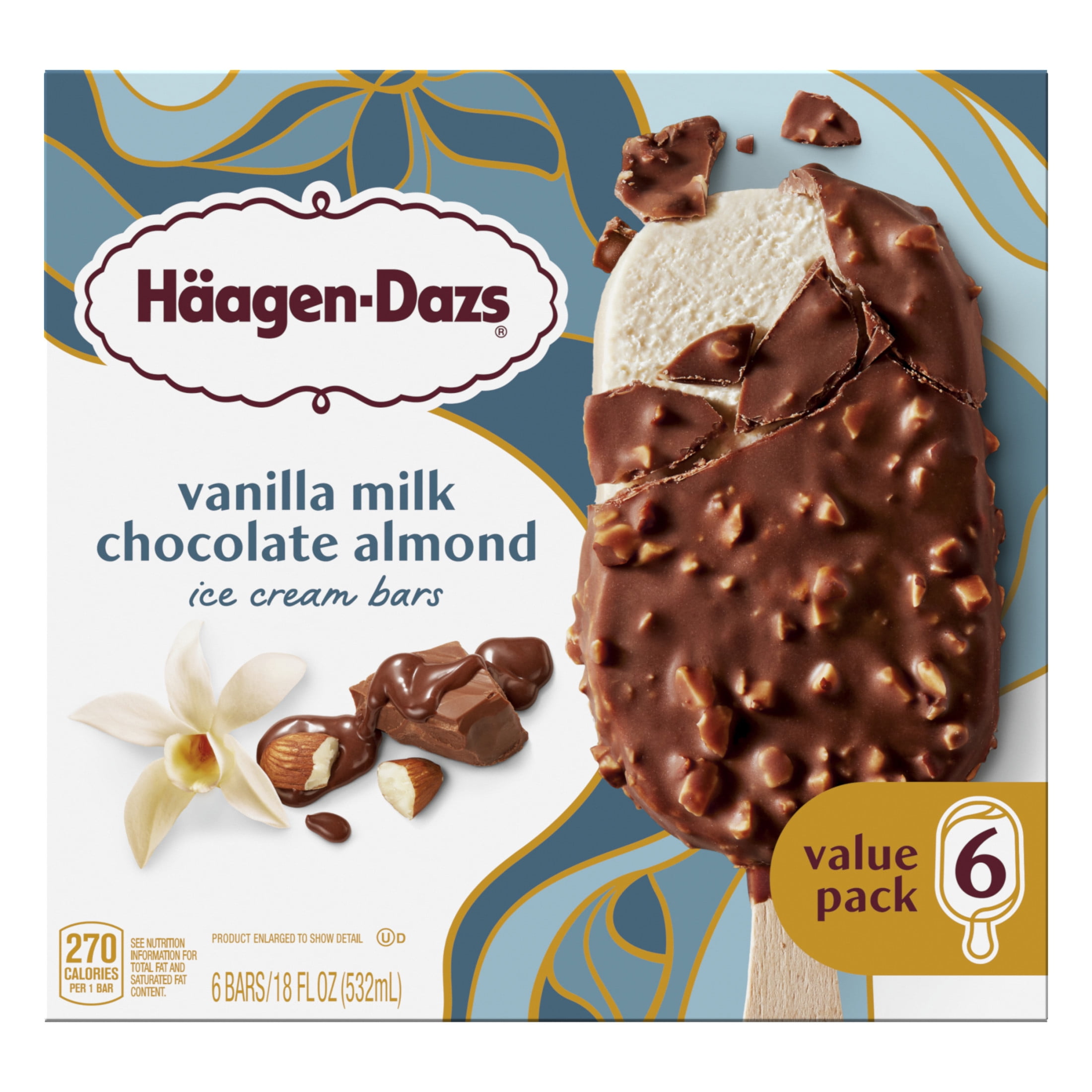 Haagen Dazs Vanilla Milk Chocolate Almond Ice Cream Bars, Gluten Free, Kosher, 6 Count