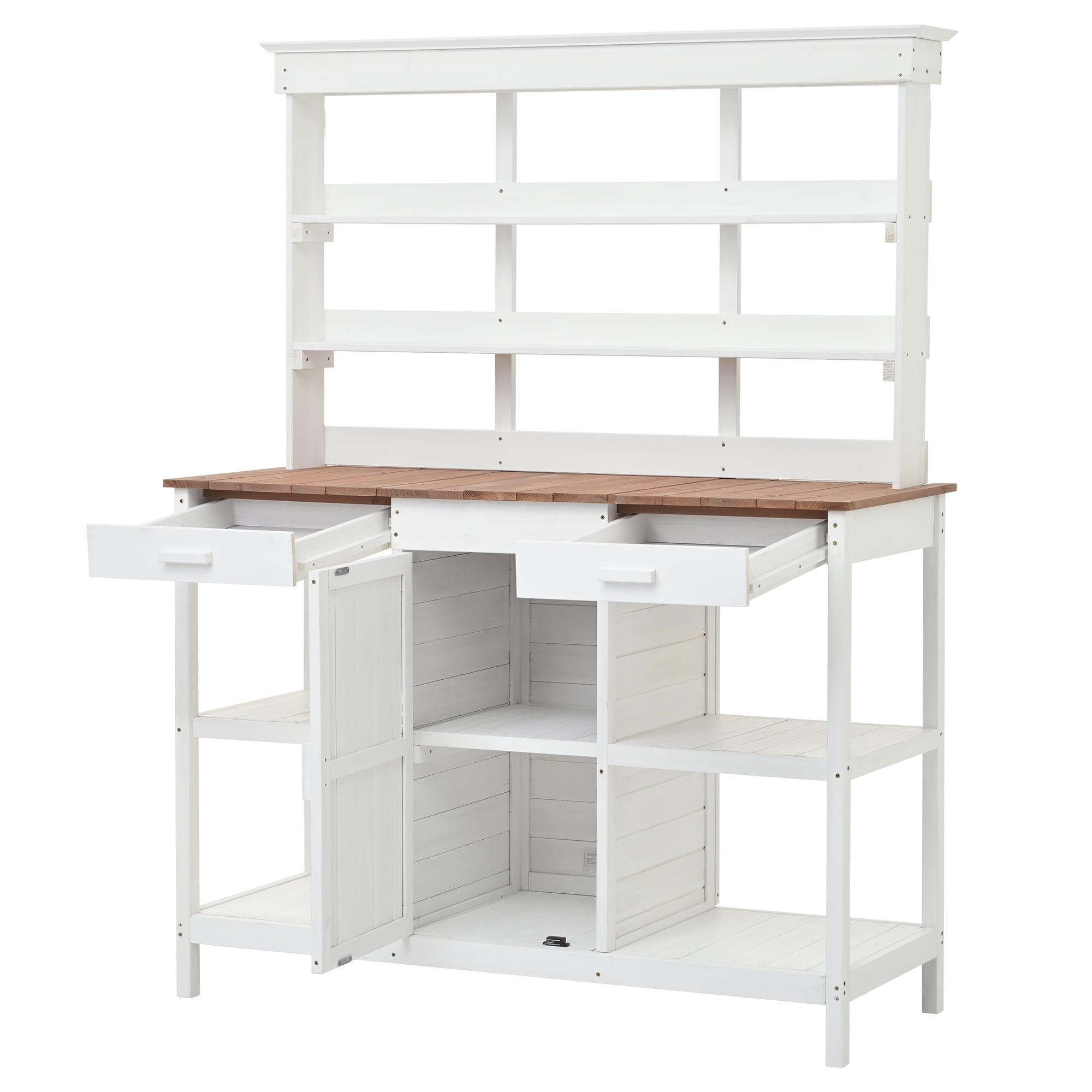 66" Large Outdoor Farmhouse Wooden Potting Bench Table, Garden Workstation with 2 Drawers, Cabinet and Open Shelves for Backyard, Mudroom, White