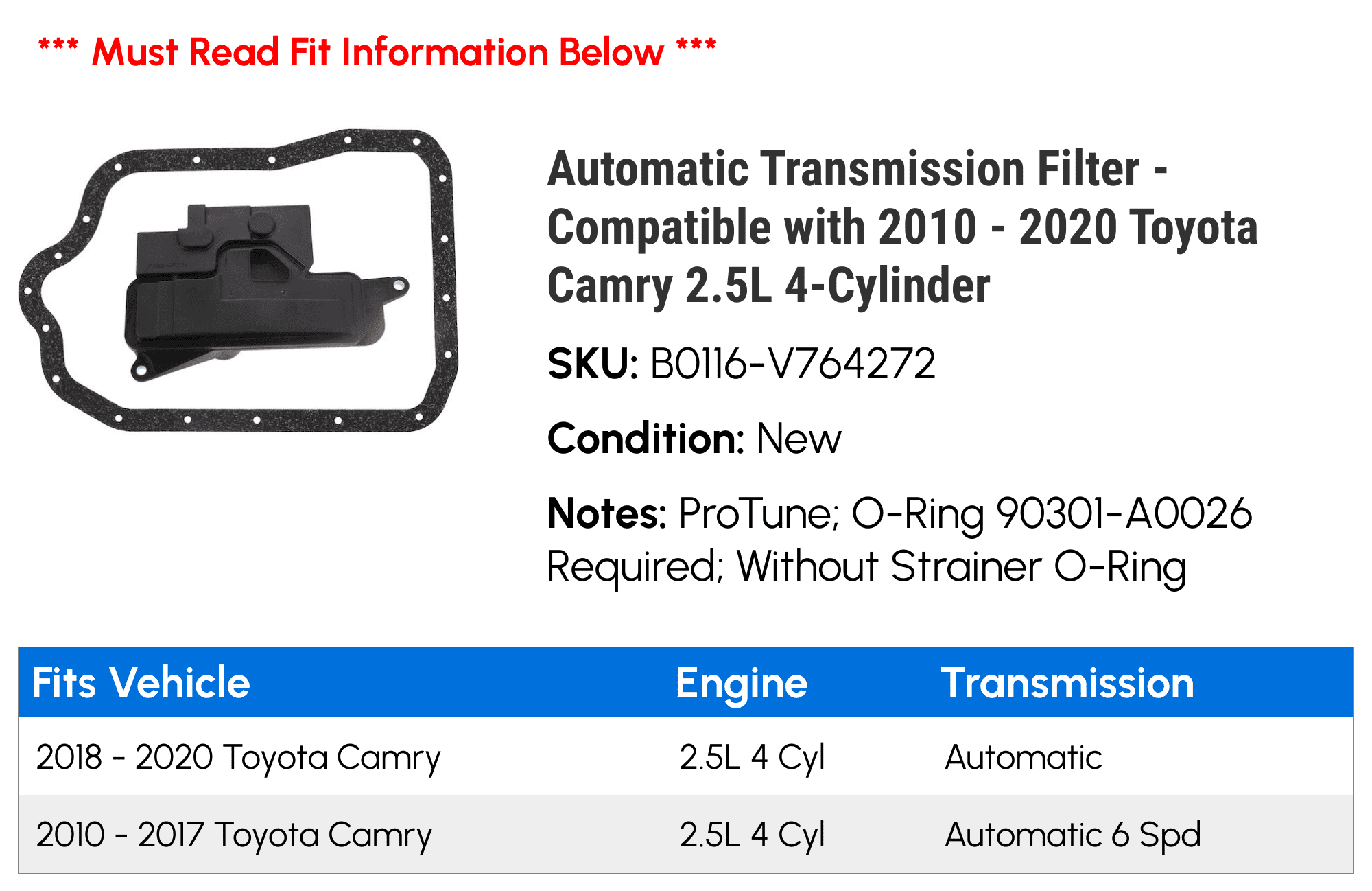 Automatic Transmission Filter - Compatible with 2010 - 2020 Toyota Camry 2.5L 4-Cylinder 2011 2012 2013 2014 2015 2016 2017 2018 2019