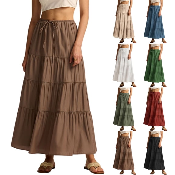 Women's Cotton Maxi Skirt, High Waist Elastic Lace-Up A-Line Swing Skirt, Bohemian Long Skirt for Beach, Vacation and Summer,Army Green,L