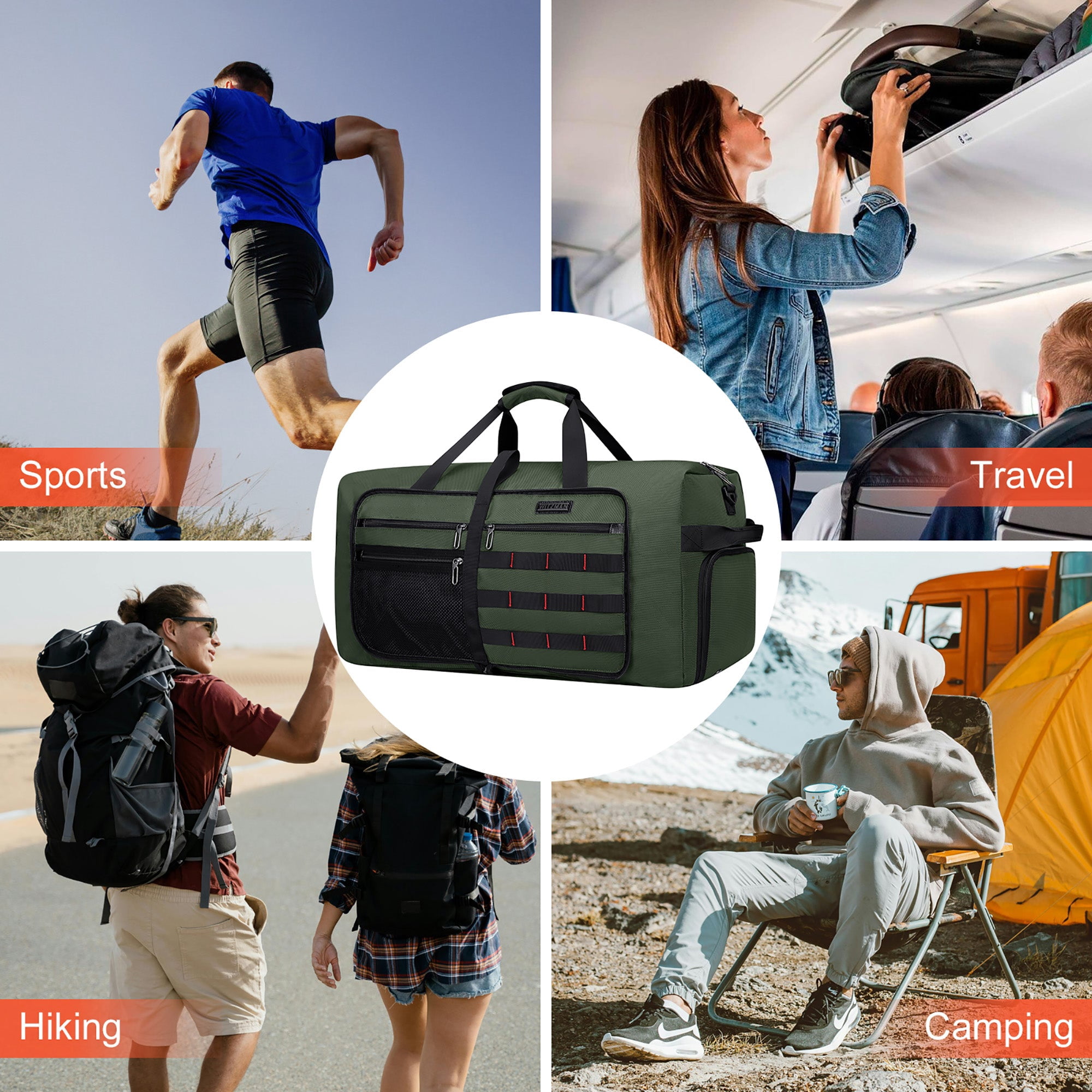 WITZMAN Foldable Duffle Bag for Travel 65L Lightweight Packable Duffel Bag with Shoes Compartment Overnight Bag for Men Women (B697 Army Green)