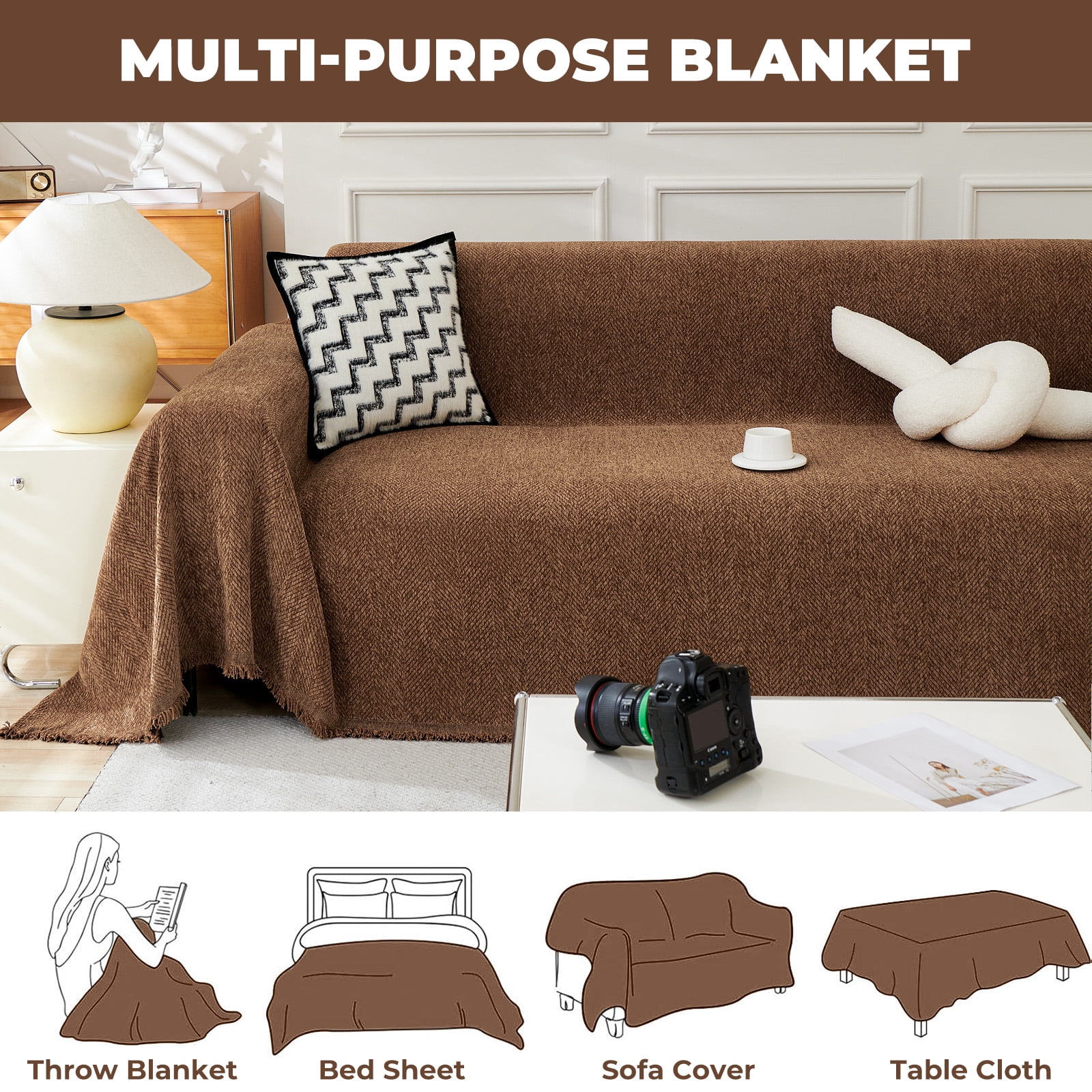 Sanmadrola Sofa Cover Non Slip Couch Cover for 3 Cushion Couch Machine Washable Furniture Protector for Dogs Pet Chenille Throw Slipcover Blanket for Living Room (Brown, 71"x134")