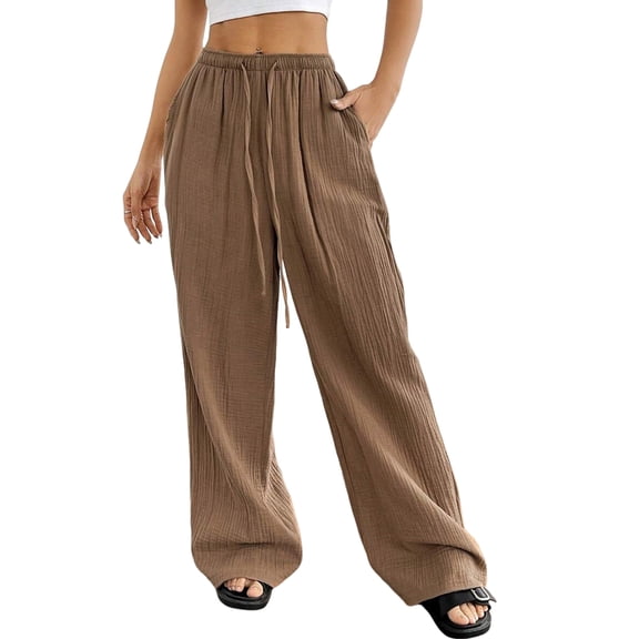 Women'S Wide Leg Beach Pants Elastic Waist Light-Weight Flowy Palazzo Lounge Trousers with Pockets Khaki S