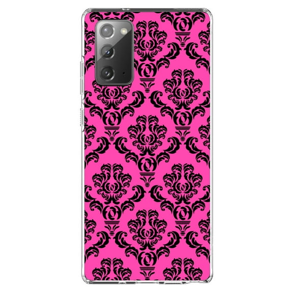 DistinctInk Clear Shockproof Hybrid Case for Galaxy Note 20 ULTRA (6.9" Screen) - TPU Bumper, Acrylic Back, Tempered Glass Screen Protector - Pink Black Damask Pattern - Floral Damask Pattern