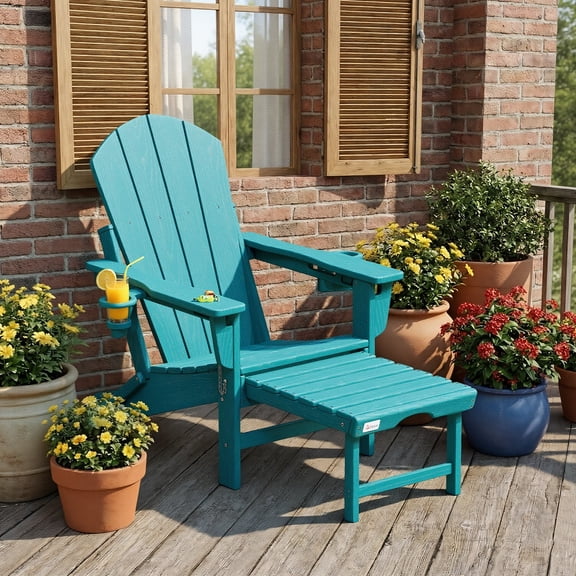 Richryce 3-Level Adjustable Adirondack Chair with Retractable Ottoman, HDPE All-Weather Folding Fire Pit Chair with 2 Cup Holders, Outdoor Chair for Garden