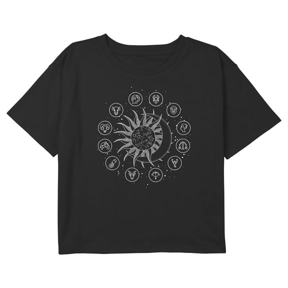 Girl's Lost Gods Celestial Zodiac Symbols Graphic Cropped T-Shirt Black Small