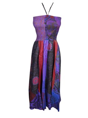 Mogul Women Purple Printed Beach Summer Dresses Cotton Hippie Sundress Hippy Chic Halter Dress S/M