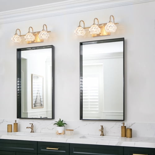 ACE-LIGHTS,Retro 3-Light Bathroom Vanity Light Fixture with Crystal Glass Shades(Bulbs Not Included),Wall Mounted Lighting for Bathroom,Dressing Room,Powder Room and Vanity Mirror(Golden）