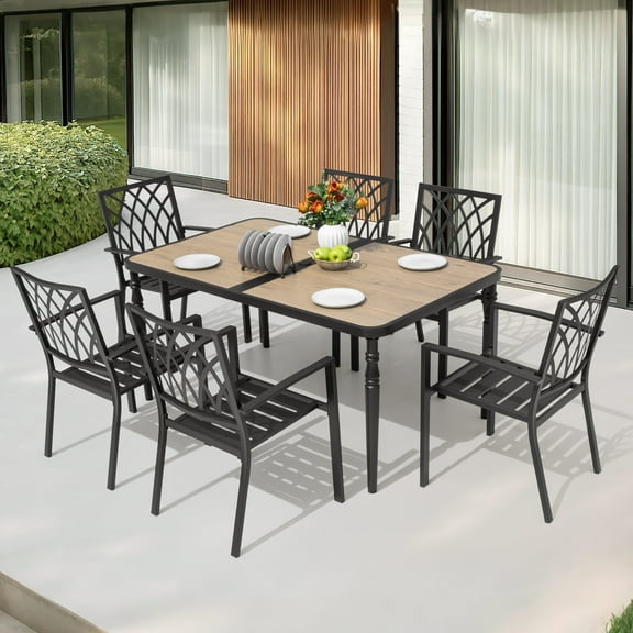 Nuu Garden 7-Piece Outdoor Dining Set for 6, Patio Wood-Grain Table and Stackable Chairs Set with Umbrella Hole, 7 Pieces Metal Outdoor Furniture Set for Patio, Garden, Backyard, Black