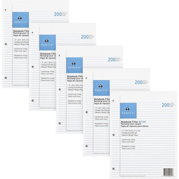 Sparco Notebook Filler Paper - Letter - 100 Sheets - Ruled Red Margin - 16 lb Basis Weight - 8 1/2" x 11" - White Paper - Subject - 1000 / Bundle | Bundle of 2 Bundles